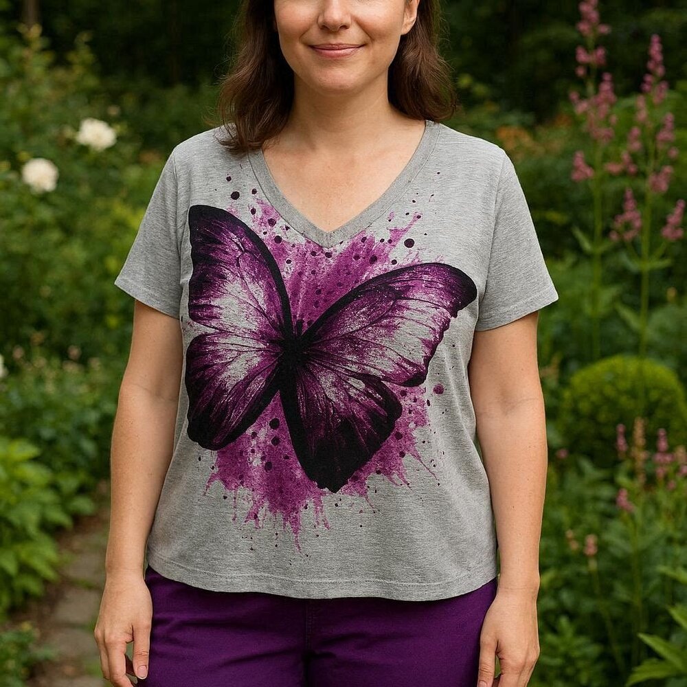 Purple and Black Butterfly Graphic Gray T-Shirt Short Sleeves size 1X